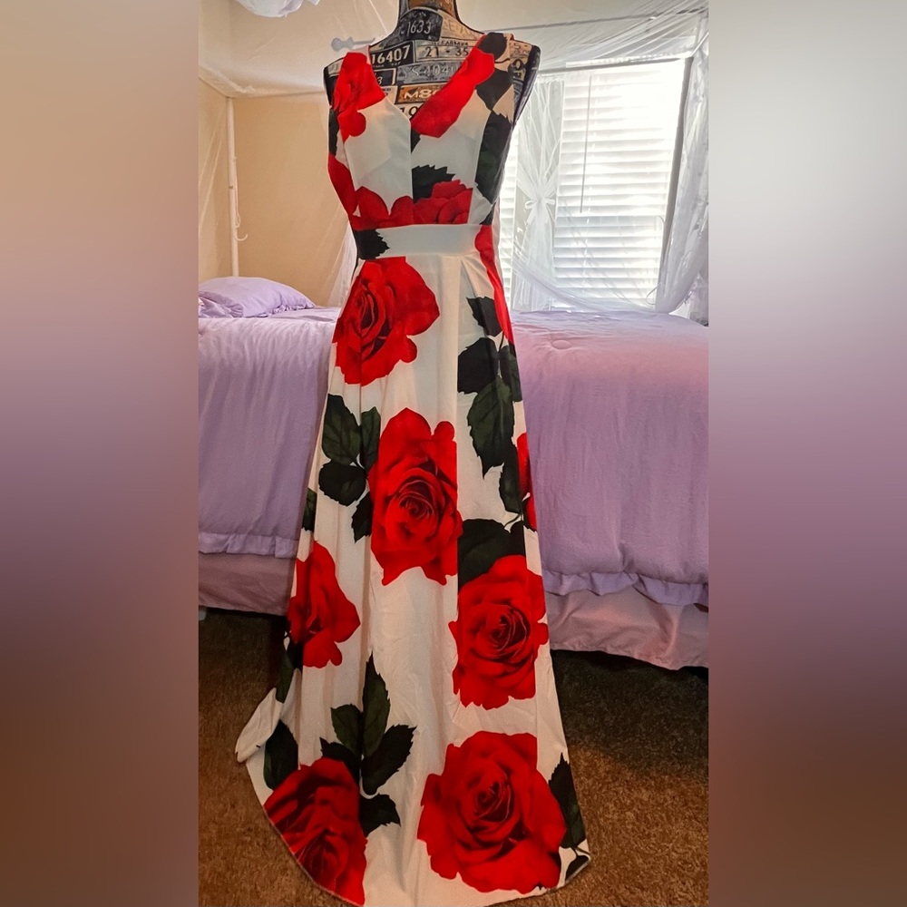 Elegant Floral Red and White Dress